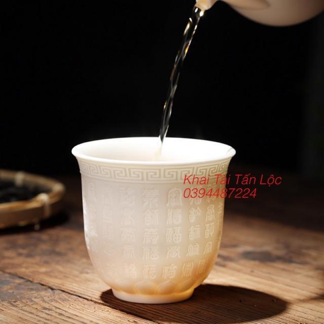 Chén trà , ly trà sứ trắng khắc 100 chữ Phúc - Bách phúc