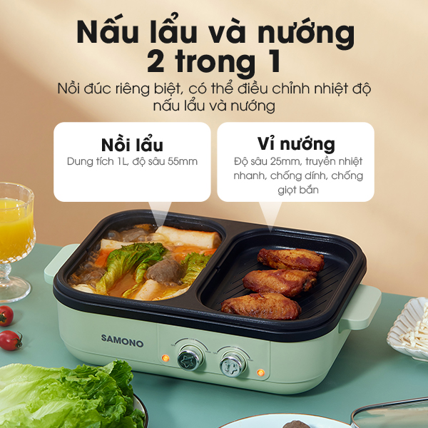 Nồi lẩu nướng điện đa năng mini 2in1 SAMONO SW-MCG1L - Hàng chính hãng