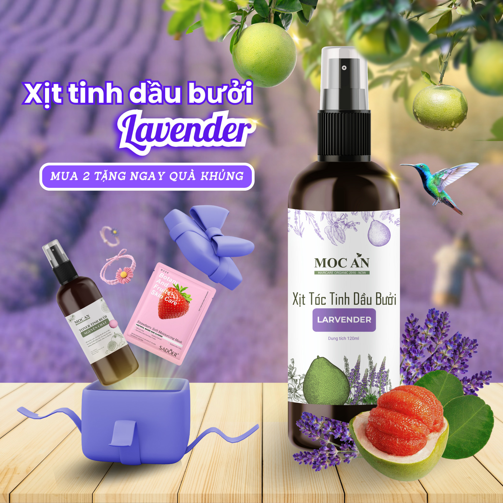 Xịt Kích Mọc Tóc Tinh Dầu Bưởi Oải Hương ( Lavender ) 120ml Mộc Ân Haircare hỗ trợ giảm rụng, giảm khô tăng độ mềm mại cho tóc