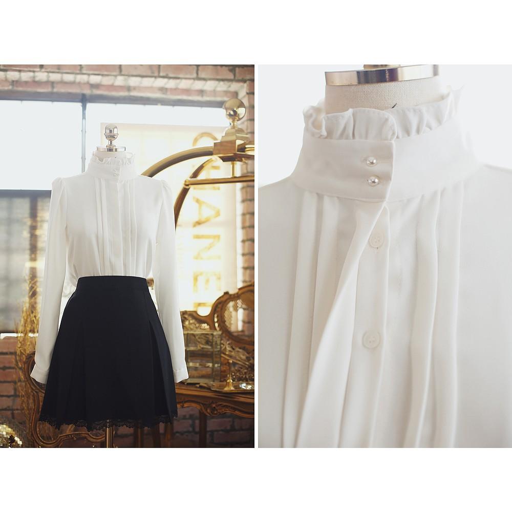 Áo Sơ Mi Công Sở Nữ Thời Trang Quyên Fashion, Mẫu Kiểu Cổ Lọ Kẹp Bèo Tay Dài Màu Trắng AA382