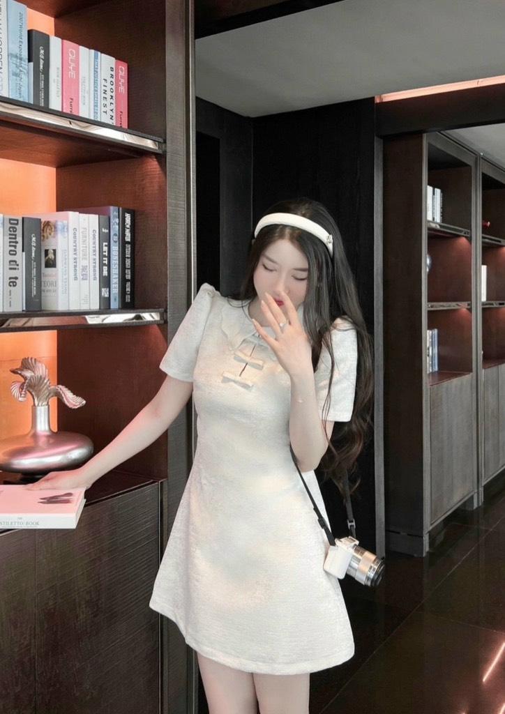 Đầm xoè tafta vân đá cổ bèo