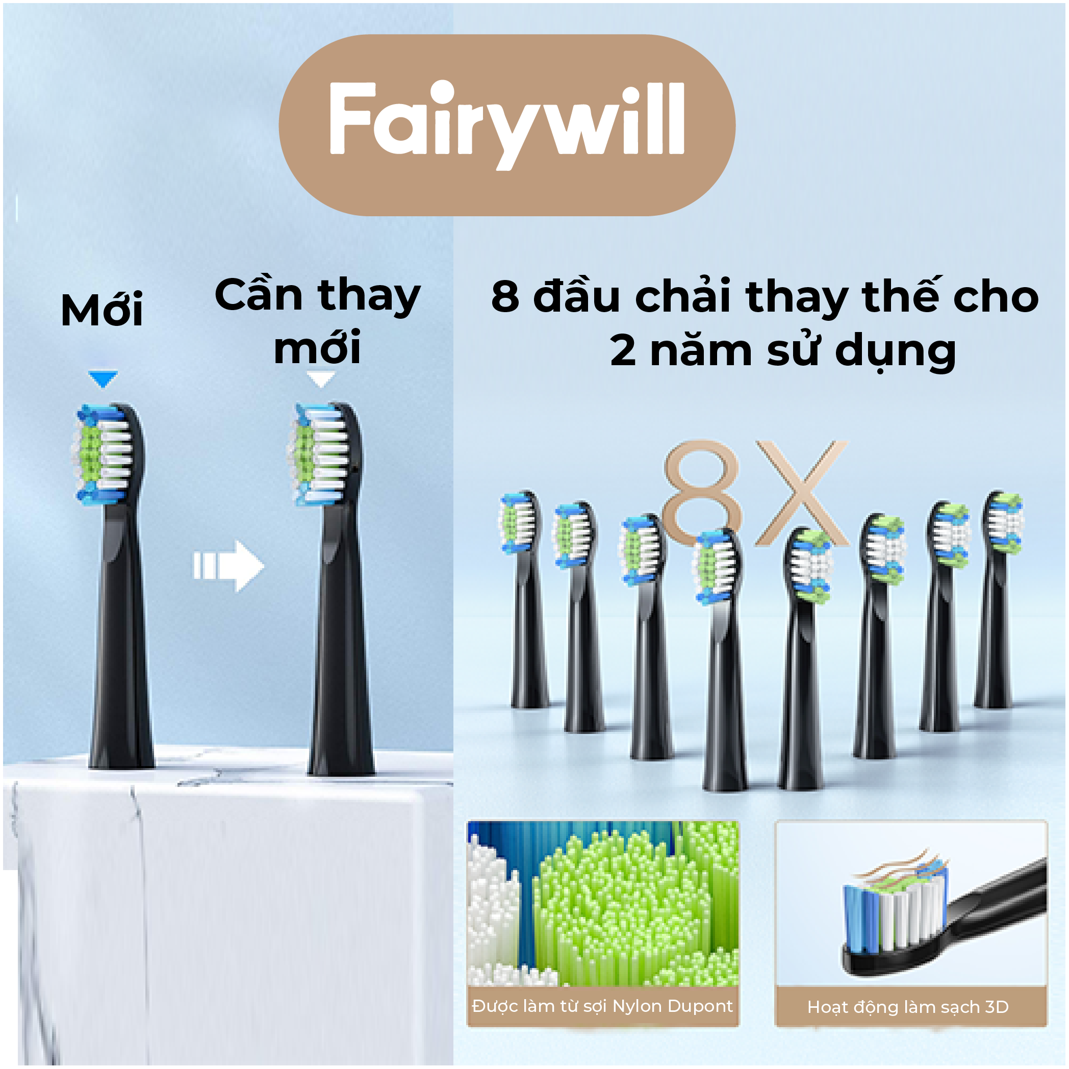 Bàn chải đánh răng Fairywill E11. Phiên bản bàn chải quốc dân với 8 đầu bàn chải tặng kèm