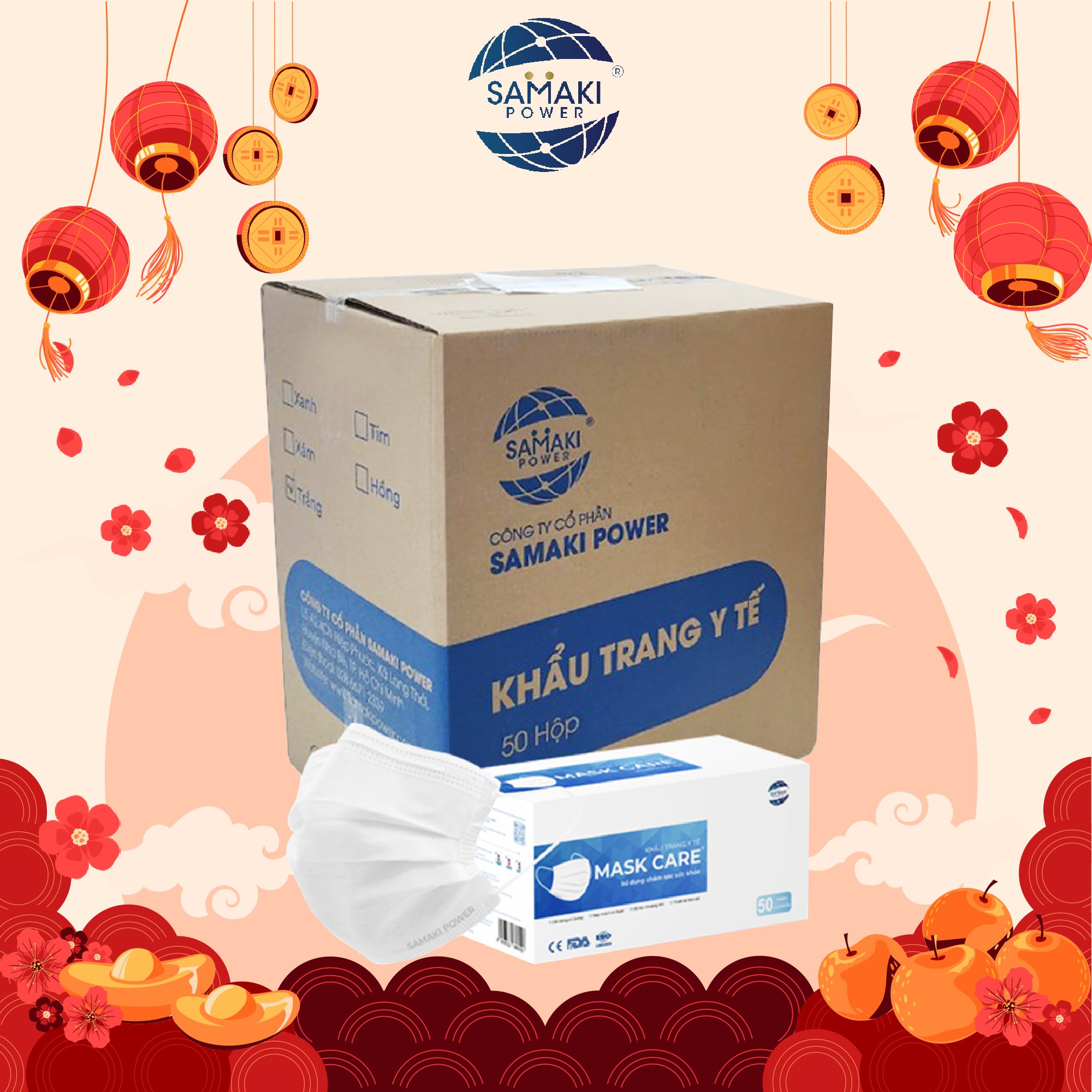 Thùng khẩu trang y tế 4 lớp Samaki Power - 50 hộp, 2500 cái