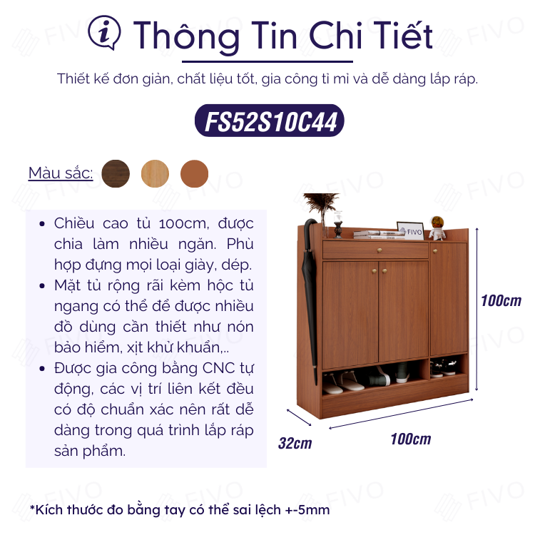 Tủ Giày Dép Thông Minh FIVO FS52 Có Hộc, Chất Liệu Gỗ MDF Chống Ẩm, Nhiều Ngăn Chứa Giày Dép, Chân Tủ Chắc Chắn - Ngang 100cm