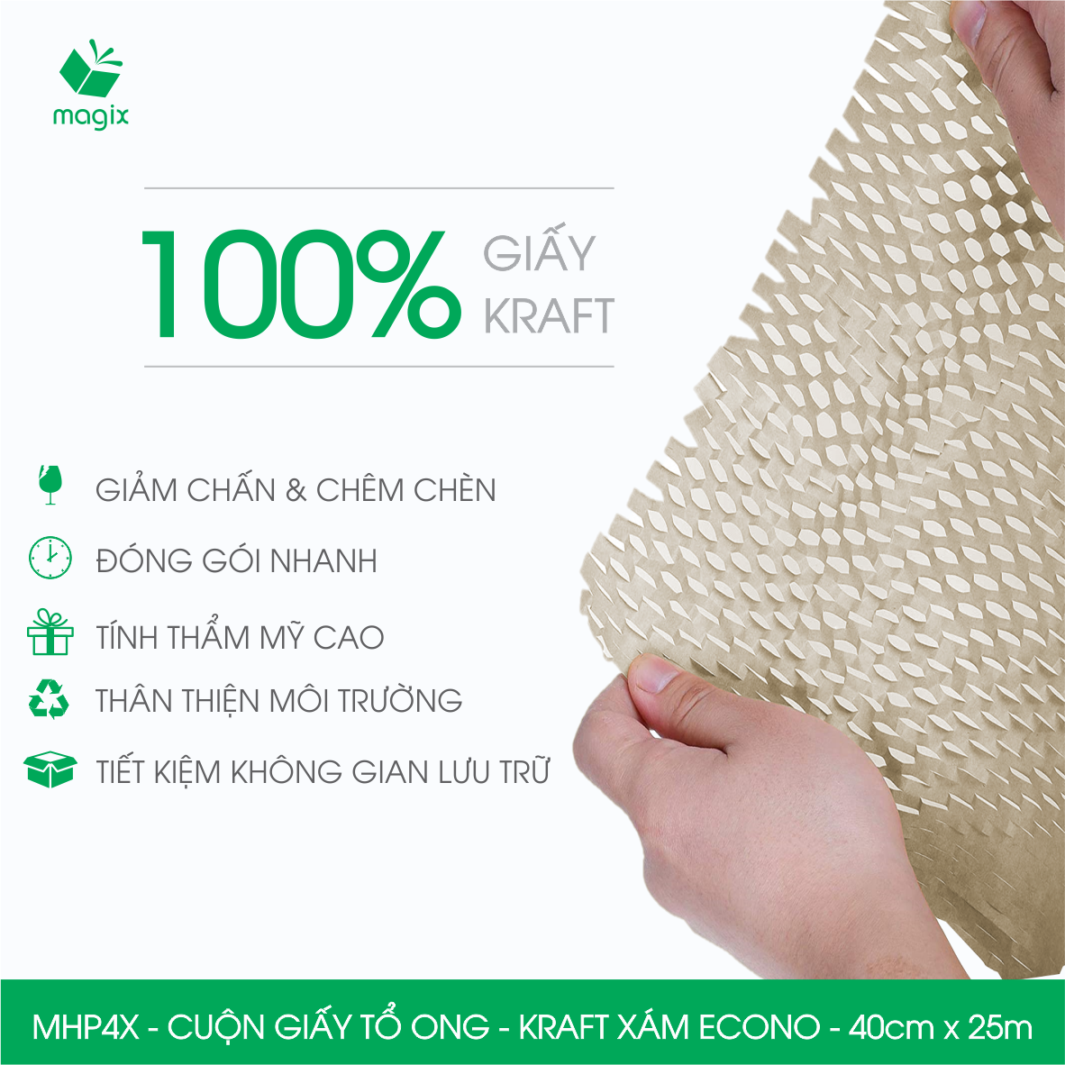 MXK4X - 40cm x 25m - Cuộn giấy tổ ong chống sốc - Kraft xám Siêu Tiết Kiệm ECONO
