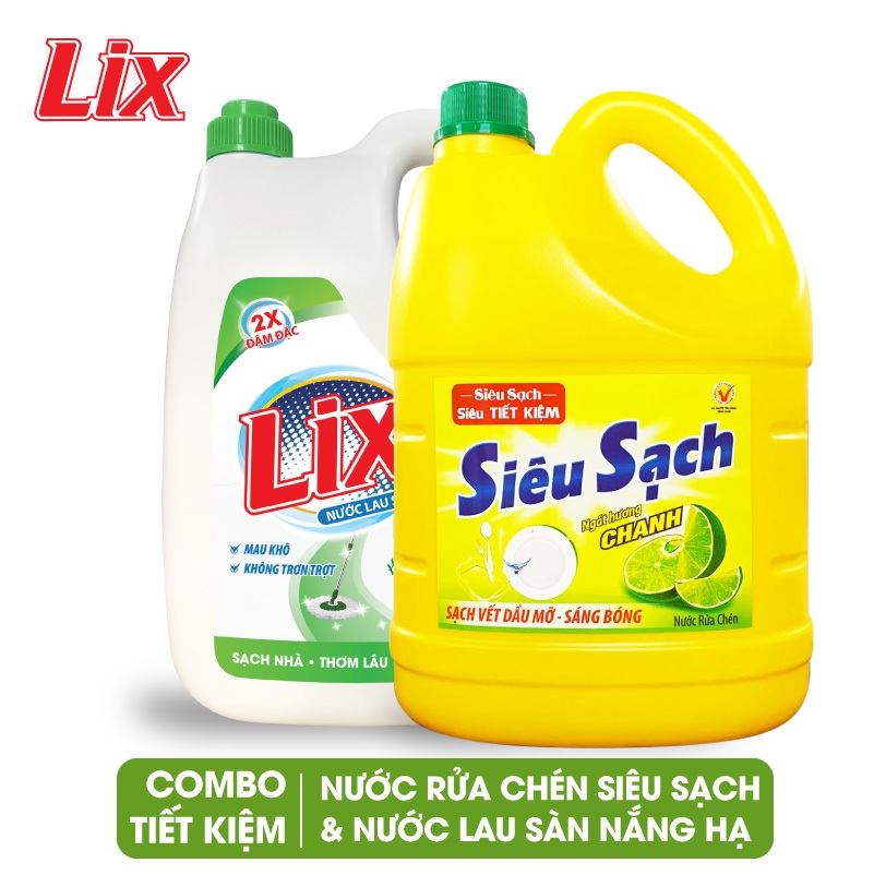 COMBO số 67 gồm Nước lau sàn Lix hương nắng hạ 3.6 lít LH360 + Nước rửa chén Lix siêu sạch hương chanh 3.6kg NS360