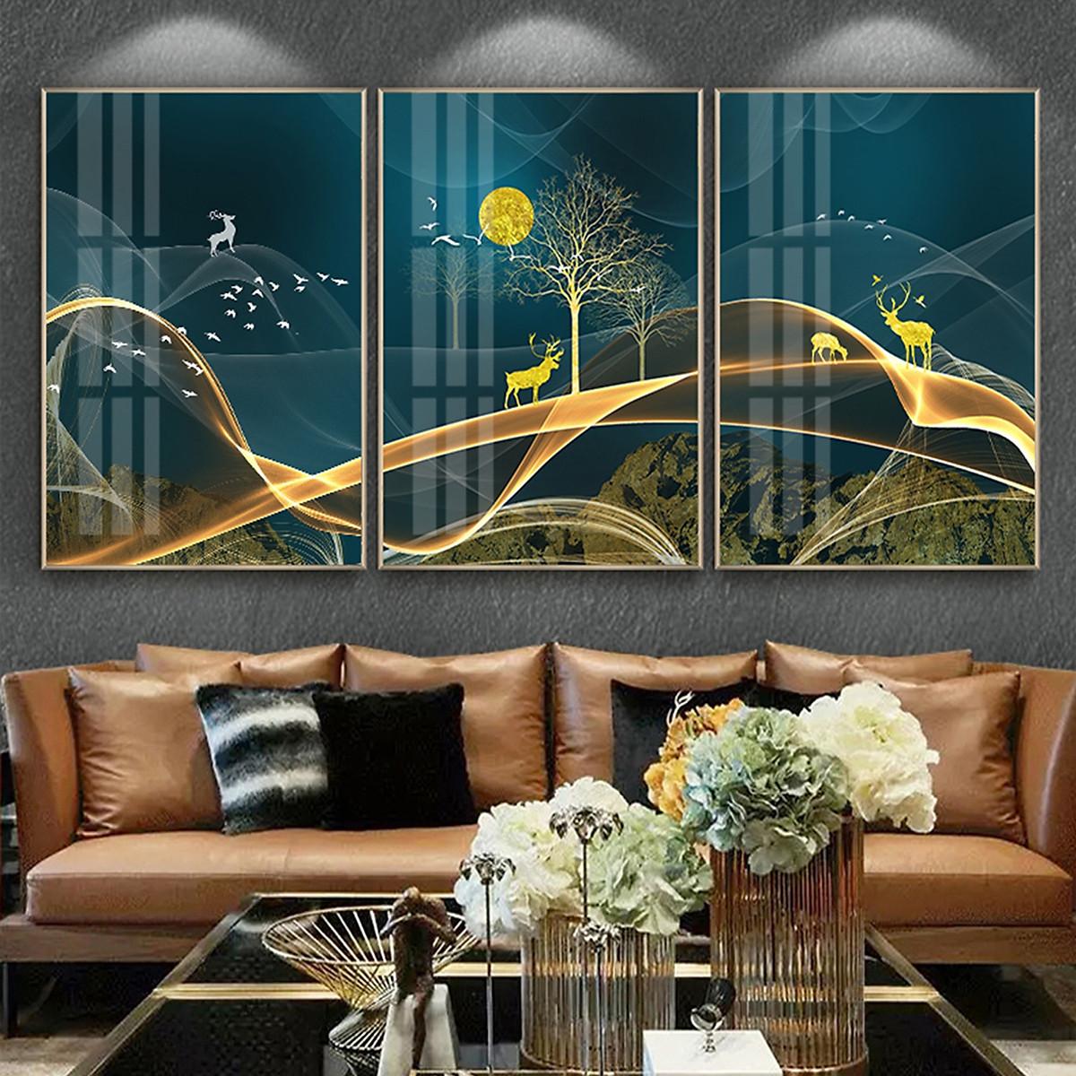 Tranh Tráng Gương Pha Lê Treo Tường Hiện Đại _ Tranh Bộ 3 Hươu nghệ Thuật