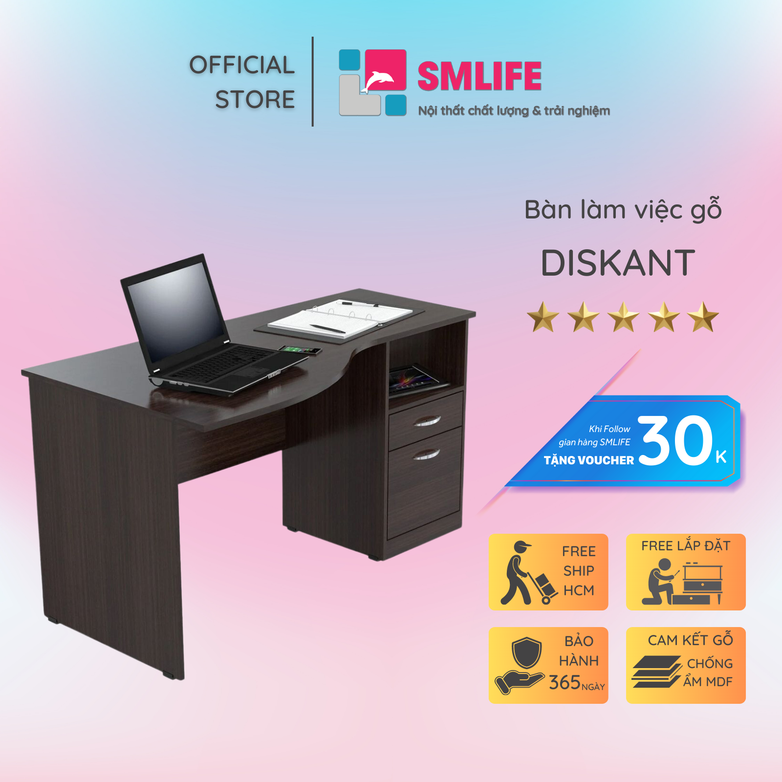 Bàn làm việc, bàn học gỗ hiện đại SMLIFE Diskant | Gỗ MDF dày 17mm chống ẩm | D140xR75xC75cm