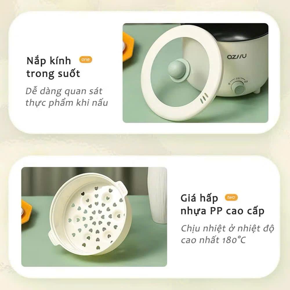 Nồi Lẩu Điện Mini Azhu 1.8L Đa Năng – 2 Nấc Nhiệt, Kèm Giá Hấp, Công Suất 600W