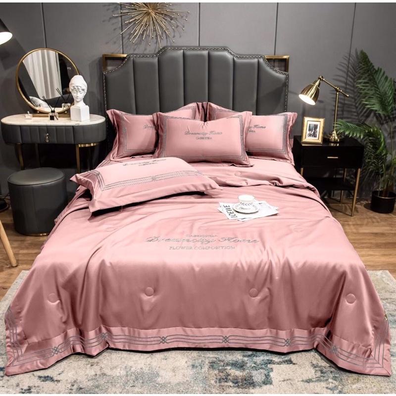 Bộ Chăn Trần Ga Và Gối Phi Lụa DreamCity Home Thêu 3 Sọc Tiện Lợi Cho Mùa Hè Thu ,Có Đủ Kích Thước Gường