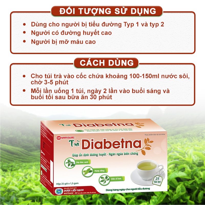 [Chính Hãng + FreeShip] Trà Diabetna, Hỗ trợ ngủ ngon, lưu thông khí huyết, giảm đường huyết và mỡ máu (Hộp 25 túi)