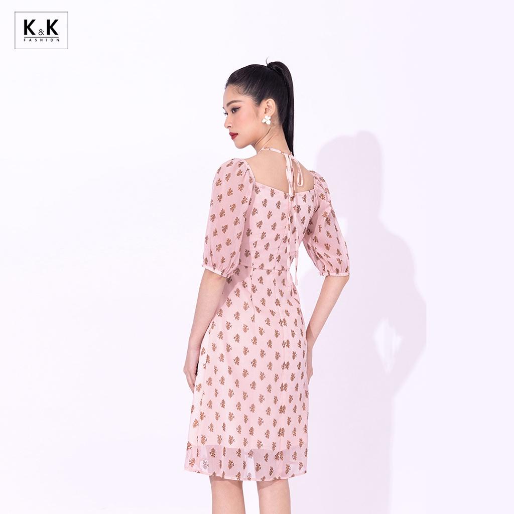 Đầm Chữ A Họa Tiết Nhấn Ngực Phối Nơ K&K Fashion KK114-34 Chất Liệu Voan Gân