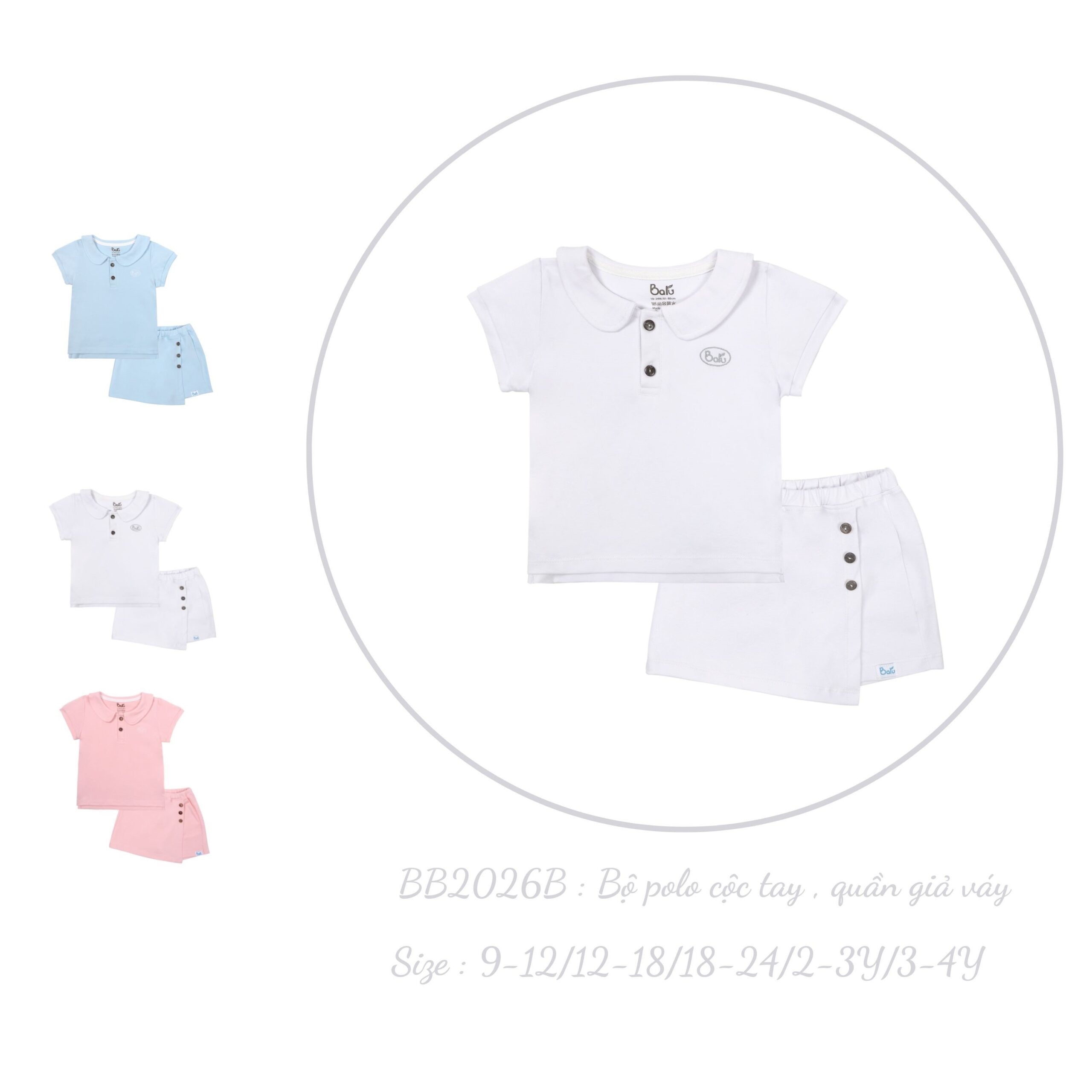 Bộ cộc tay polo kèm quần giả váy  BARU cho bé gái cotton 100%- thời trang trẻ em ( 6M -4Y )