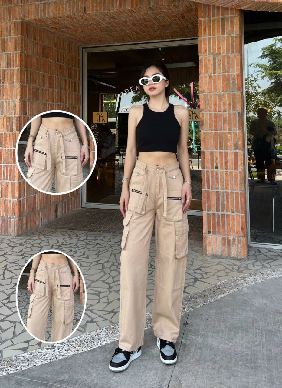 Quần Jean nữ túi hộp, quần ống rộng lưng cao phối 2 khóa kéo Kèm Dây Dáng Suông dáng Cargo Pants chất Jean KaKi dày dặn