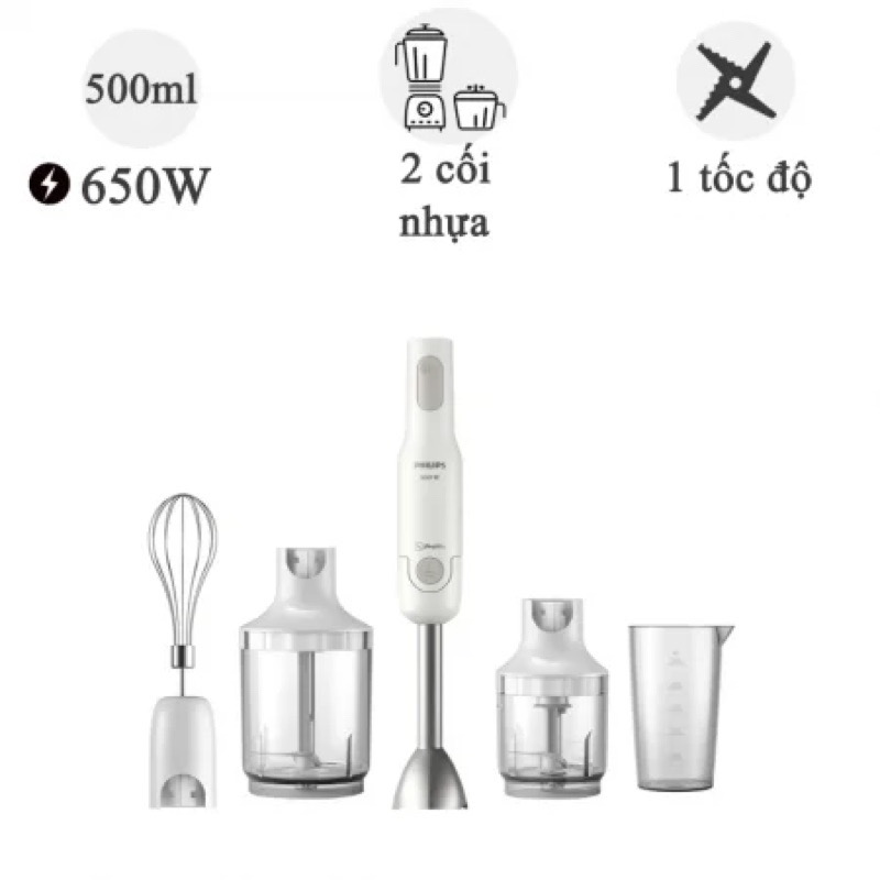 Máy Xay Sinh Tố Cầm Tay Đa Năng Philips HR-2537, Công Suất 650W, Xay hạt, sinh tố, thịt, Đánh trứng, Hàng Chính Hãng
