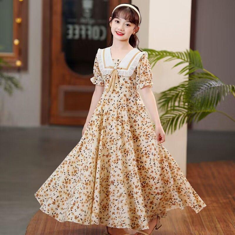 SHUANGYAN Cô gái lớn bé mùa hè váy bong bóng tay áo đầm cô gái nhỏ mùa hè phong cách phương Tây váy sinh viên ngọt ngào trên đầu gối hoa đầm dài
