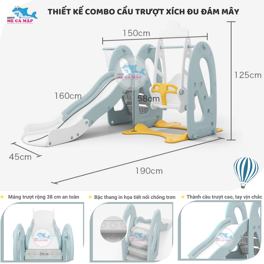 Cầu trượt cho bé Tặng kèm bóng rổ, cậu trượt nhựa nguyên sinh cao dày dặn an toàn