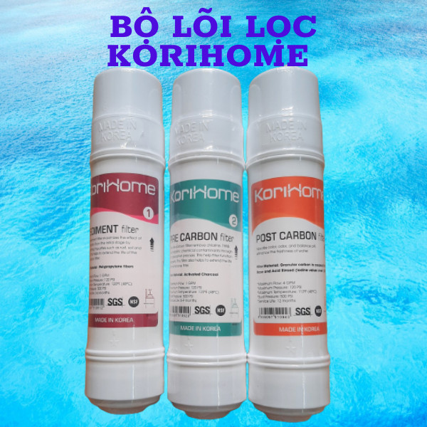 Combo 3 lõi lọc thô Korihome gồm  1 sediment 1 Pre carbon 1 Post carbon