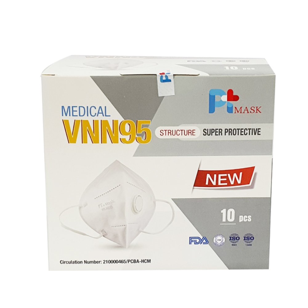 Hộp 10 Cái Khẩu Trang VNN95 PT Mask, Có Van Thở, kháng Khuẩn, Chống Bụi Siêu Mịn PM2.5, Màu Trắng - Đạt Các Chứng Chỉ ISO 13485, ISO 9001, CE, FDA.