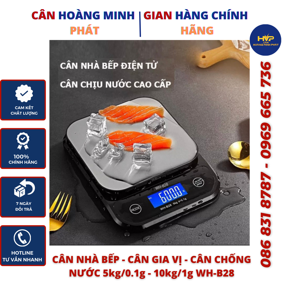 Cân Điện Tử Mini Nhà Bếp Chống Nước, Tích Điện 5kg, 10kg WH-B28 Hợp Kim Thép Chính Xác Cao ( Sạc USB ) [ CÂN HOÀNG MINH PHÁT