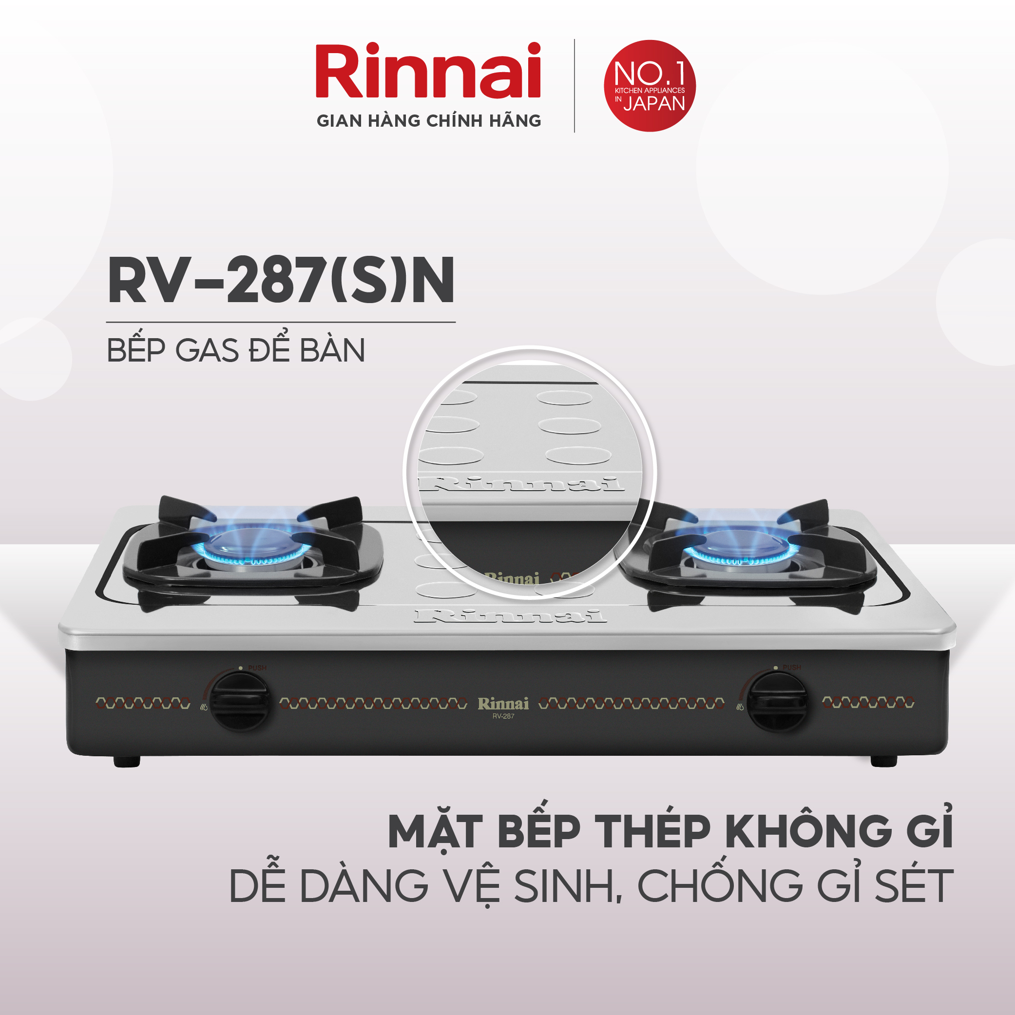 Bếp gas dương Rinnai RV-287(S)N mặt bếp inox và kiềng bếp men - Hàng chính hãng.