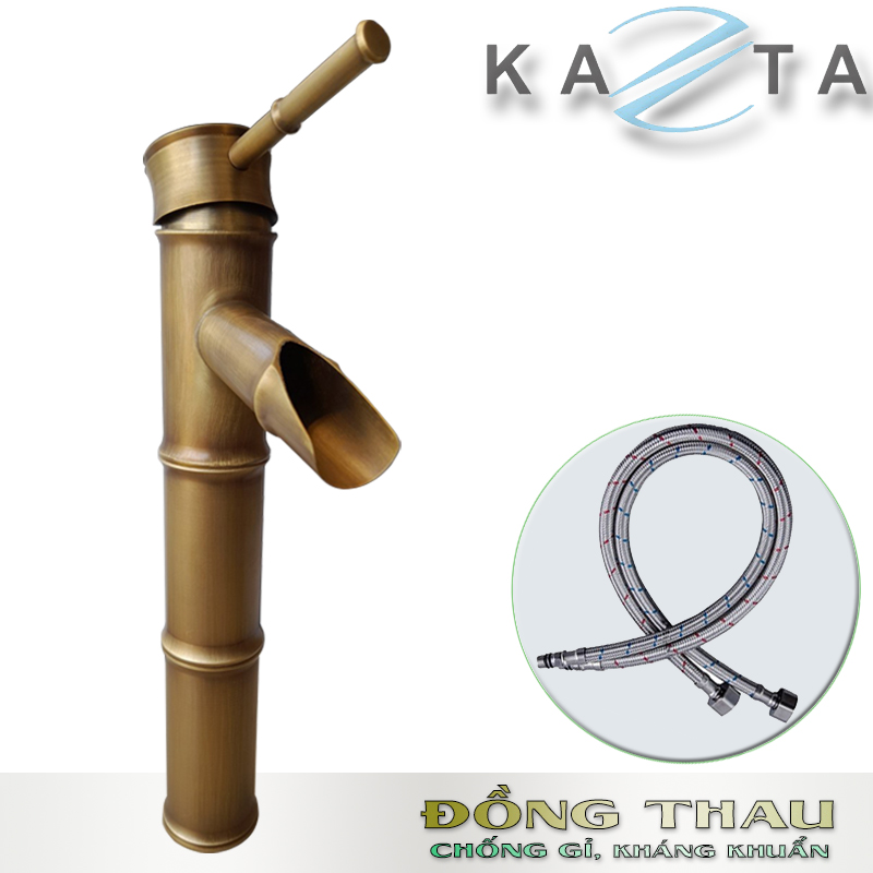 Vòi lavabo nóng lạnh KAZTA KZ-GC02 đồng thau thân trúc kèm 2 dây cấp nóng lạnh