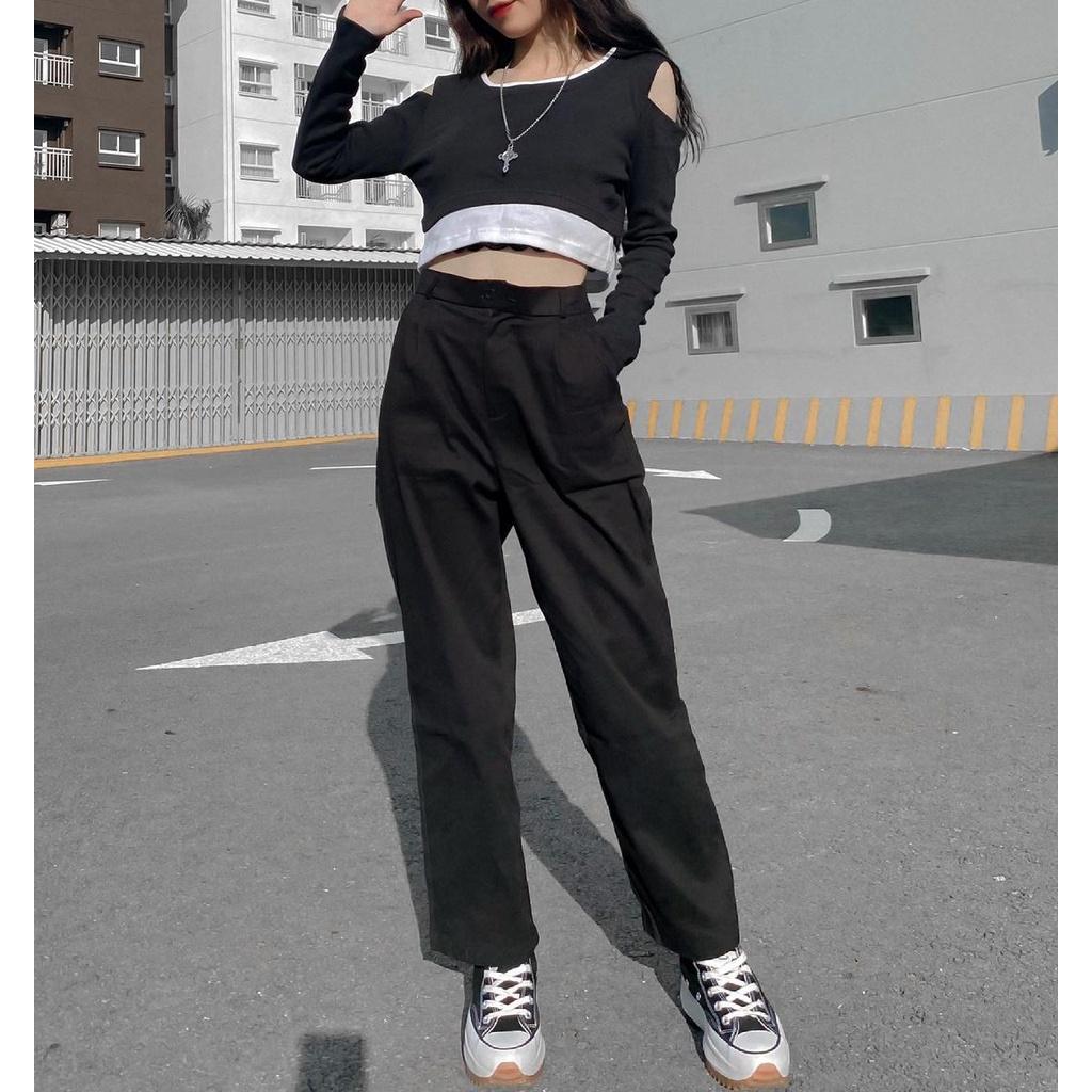 Áo Croptop Nữ Tay Dài DAILY Phối Layer Xẻ Vai Vải Thun Gân Ulzzang