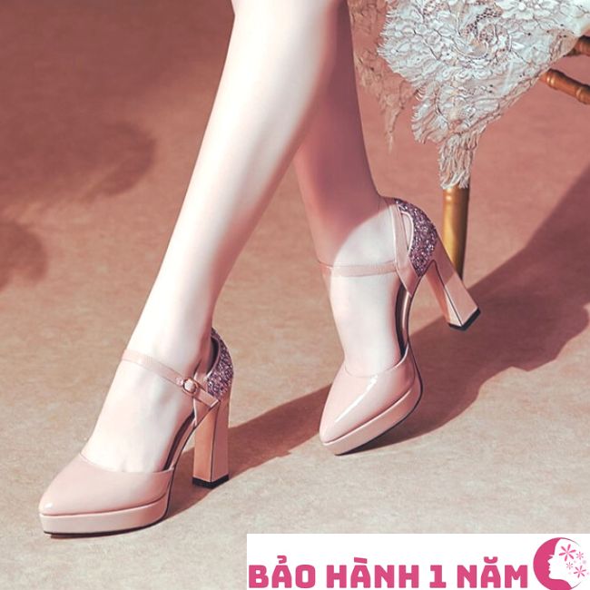 Giày cao gót nữ 9pRO374 thời trang nữ cao cấp ROSATA tại BCASHOP mũi nhọn, quai ngang, gót vuông - màu Nude