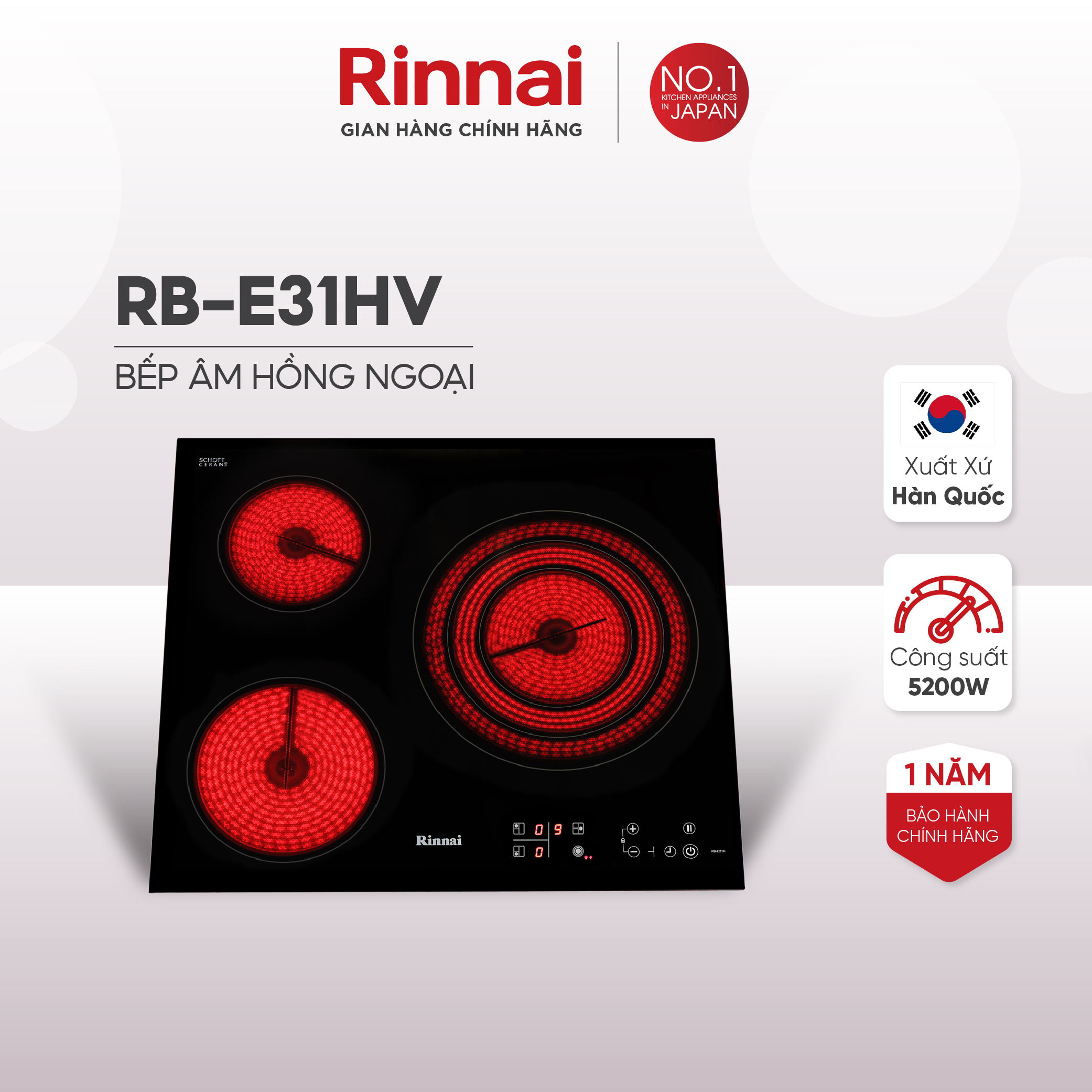 Bếp hồng ngoại Rinnai RB-E31HV mặt kính Schott 5200W - Hàng chính hãng.