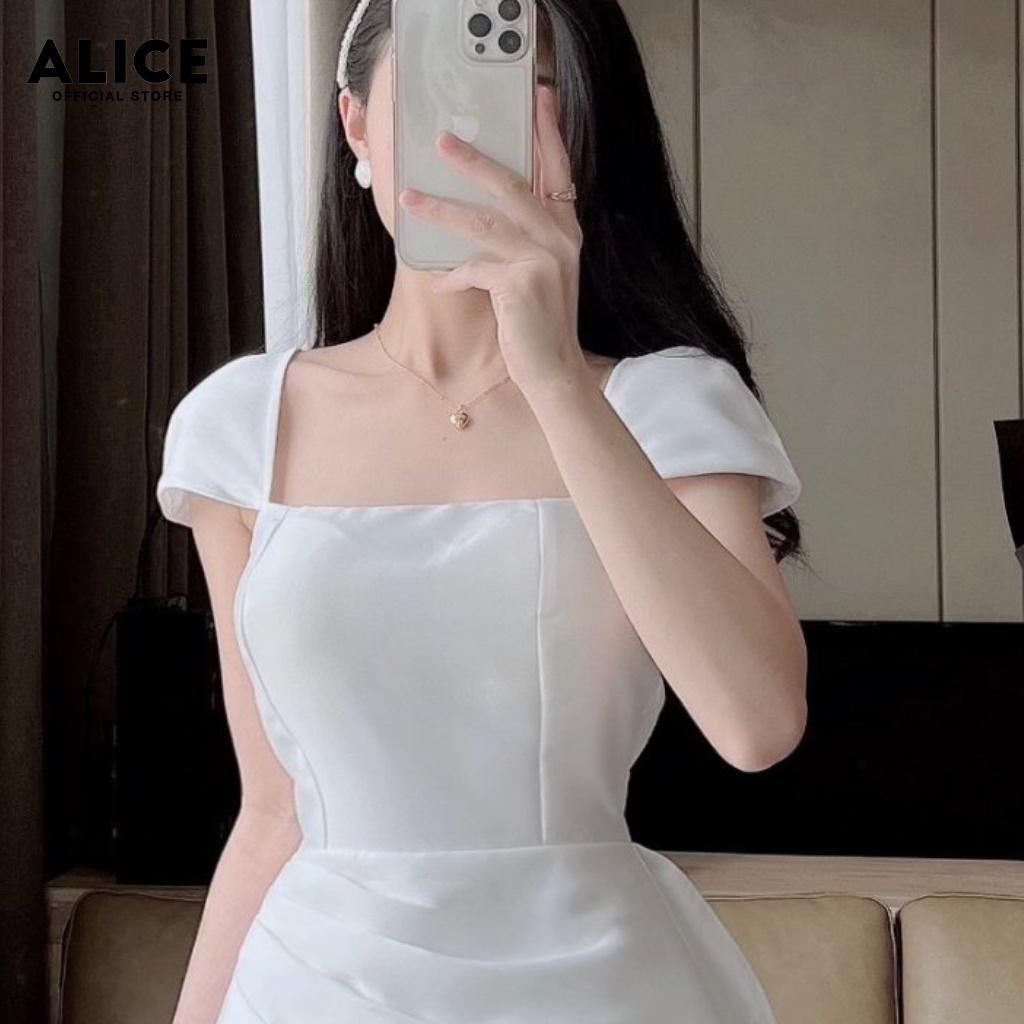 Váy Trắng Tiểu Thư Cổ Vuông ALICE Chất Vải Tafta Cao Cấp Phối Tơ Thiết Kế Tay Cánh Tiên Phối Dập Ly V790