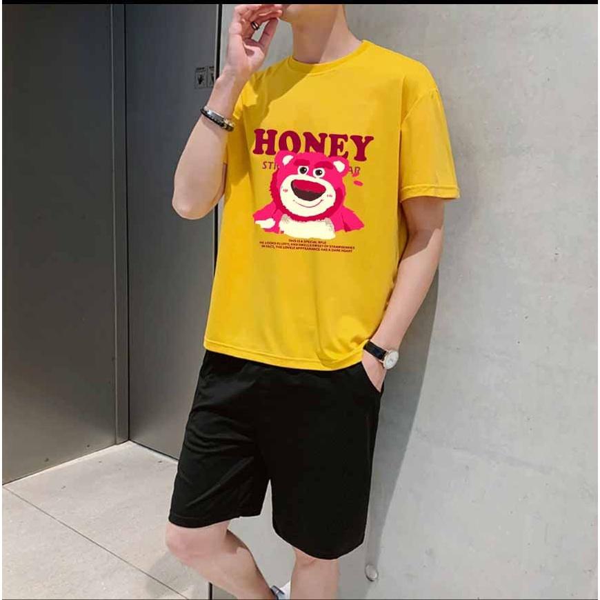 Đồ mặc nhà GẤU DÂU HONEY mùa hè Dáng Thể Thao Chất Vải Thun Độ Co Giãn Nhẹ + Bộ Đồ Nam nữ Mang Phong Cách Hàn Quốc