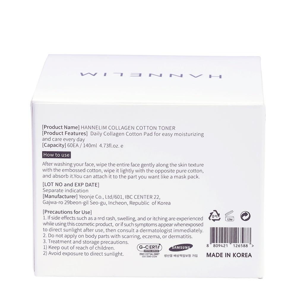 Toner dạng miếng Hannelim Collagen Cotton Toning Pad 140ml