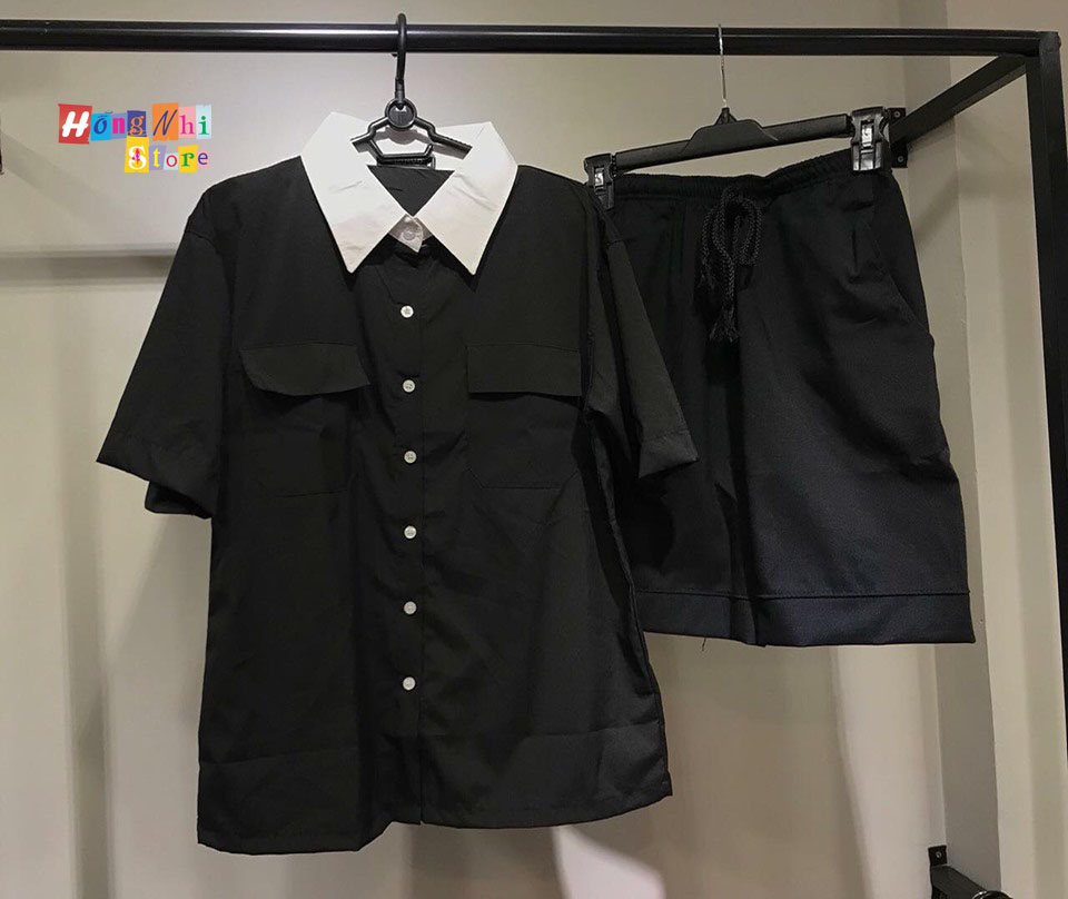 Sơ Mi Tay Lỡ Unisex Phối Cổ 2 Túi Màu Đen - Sơ Mi Mix Tay Lỡ - MM - M