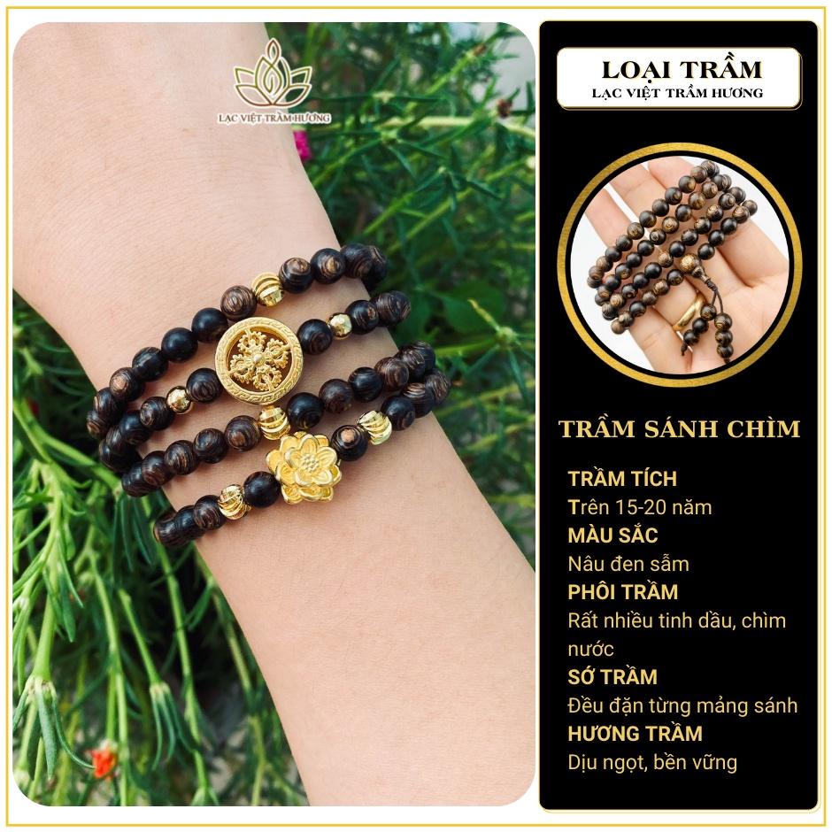 Vòng Tay Trầm Hương 108 Hạt Sánh Chìm Mix Charm Hoa Sen Vàng Phú Quý và Bánh Xe Pháp Luân Vàng - Lạc Việt Trầm Hương