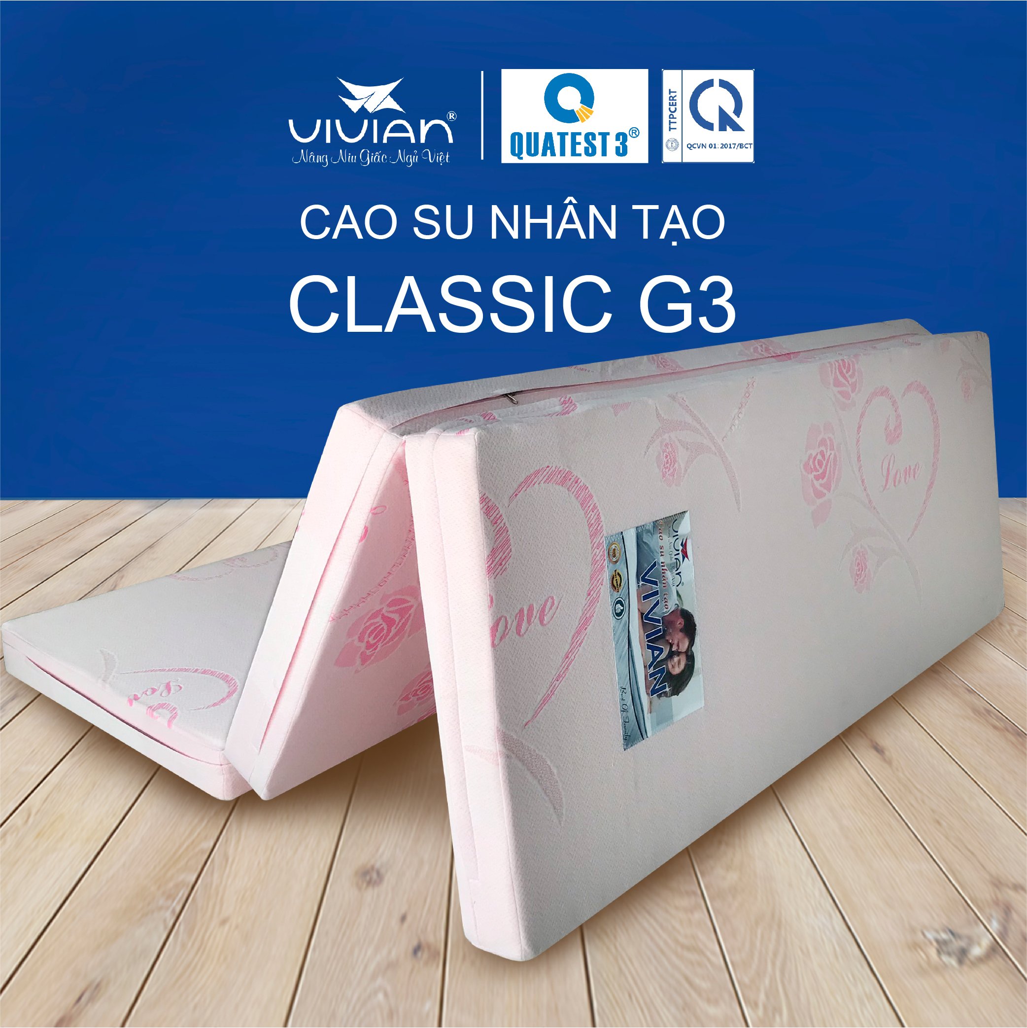 Nệm Cao Su CLASSIC Gấp 3 Vivian - Vải Gấm Damask Cao Cấp Không Chần