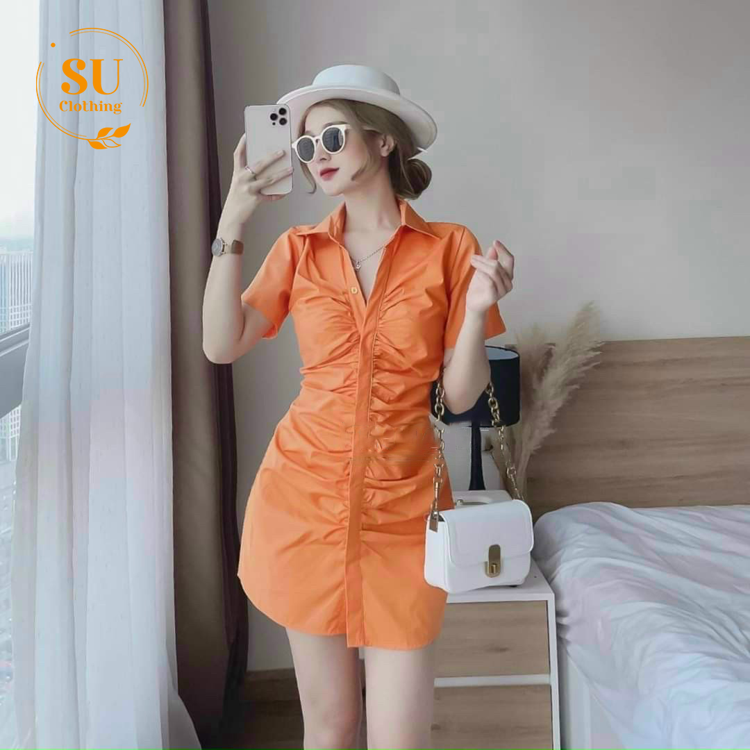 Đầm sơ mi form dài nhún gài nút Su Clothing Freesize &lt; 53kg