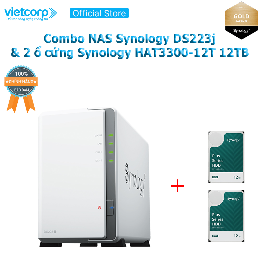 Combo Thiết bị lưu trữ NAS Synology DS223j và 2 ổ cứng HDD cho NAS Synology HAT3300-12T Hàng Chính Hãng