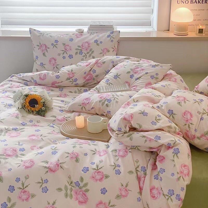 Set Cotton Living Hàng Nhập Khẩu Cao Cấp 4 Món hoa hồng