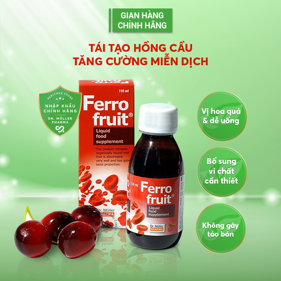 Siro Sắt FERRO FRUIT Dr.Muler vị trái cây, chiết xuất tự nhiên, tạo hồng cầu ngừa thiếu máu cho trẻ em và người lớn.