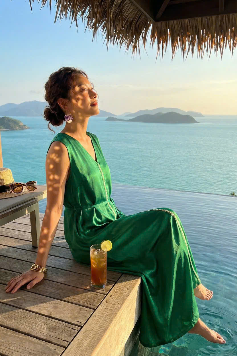 Đầm Maxi Lụa Tơ Tằm Thêu Tay Xanh Ngọc Phỉ Thuý DRE202 thời trang thiết kế Hity