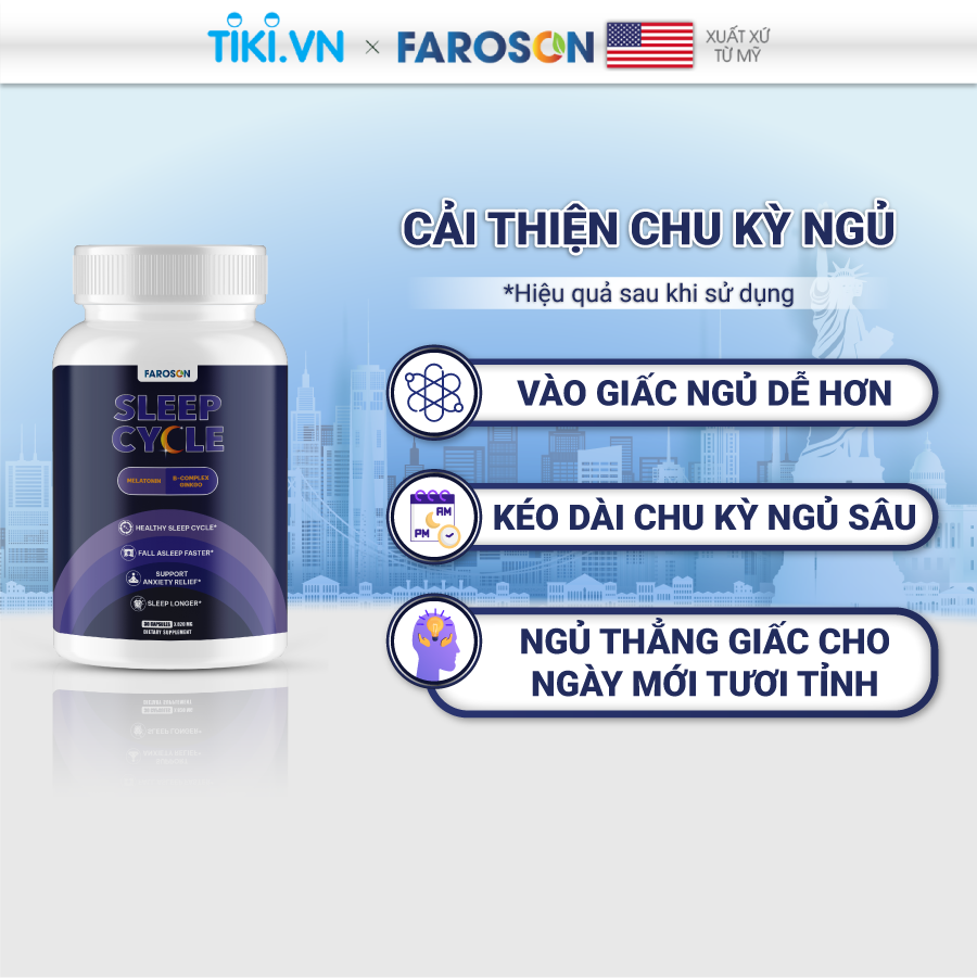 Viên uống bổ não Melatonin Vitamin B ngủ ngon giảm stress Faroson Sleep Cycle hộp 60 viên