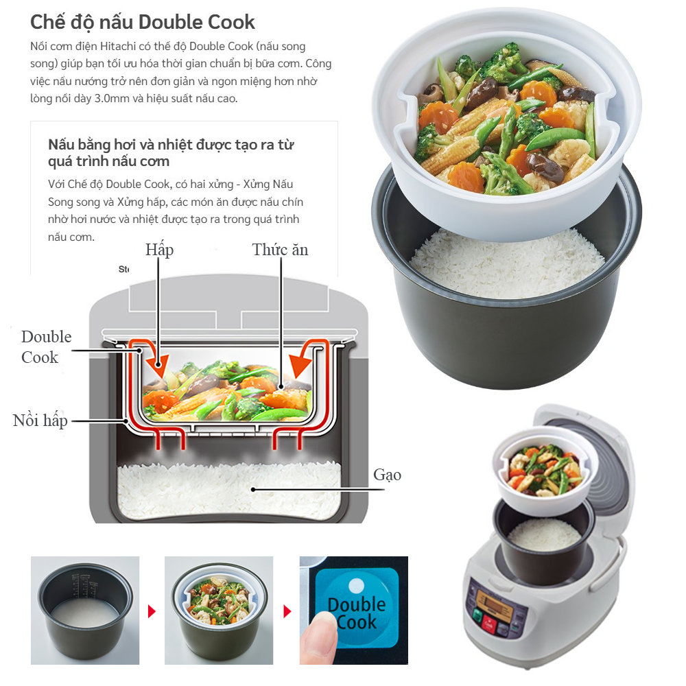 Nồi cơm điện tử 1.8L Hitachi RZ-D18GFY chế độ nấu Double Cook, sản xuất tại Thái Lan - Hàng chính hãng