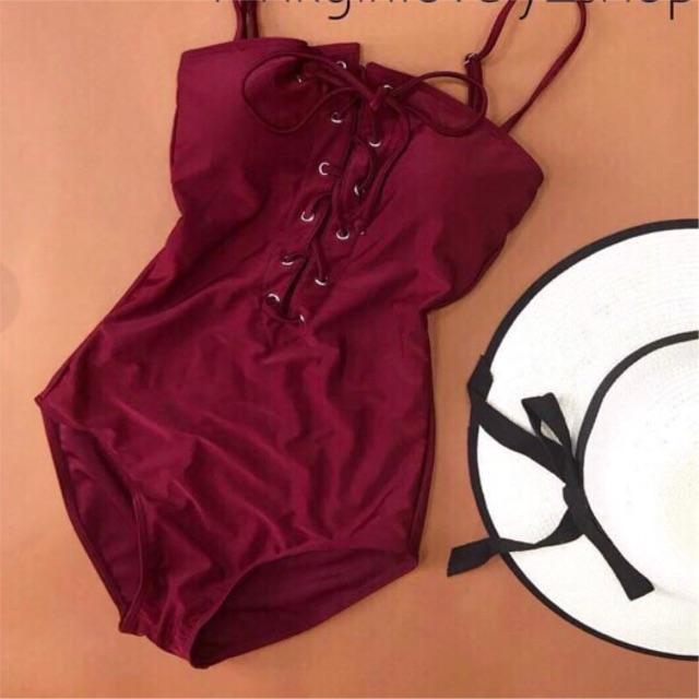 Bikini đi biển liền mảnh đỏ đan dây trước ngực