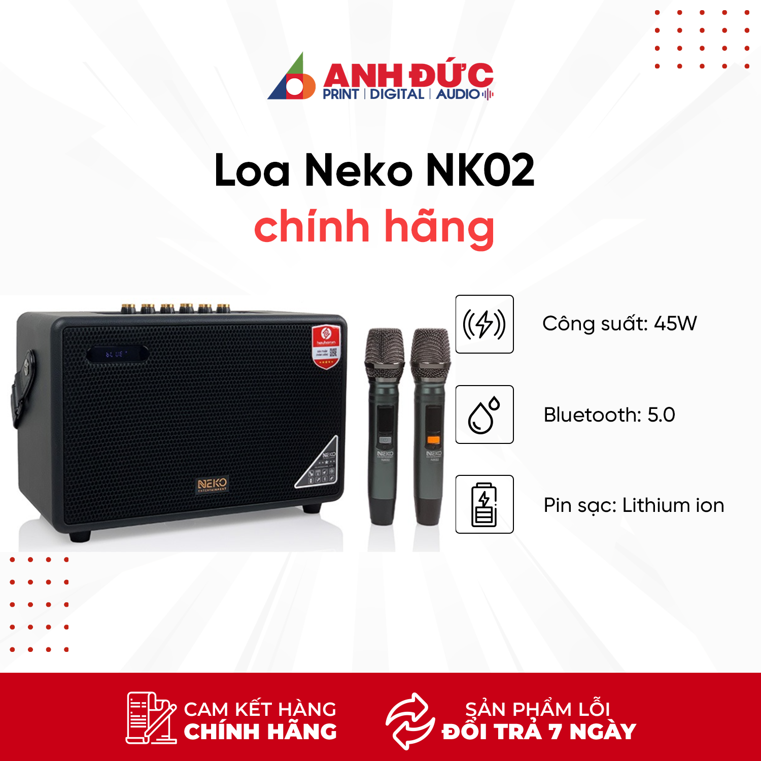 Loa Karaoke Bluetooth Xách Tay NEKO NK02 Kèm 2 Micro Không Dây - Công Suất 45W - Hàng Chính Hãng