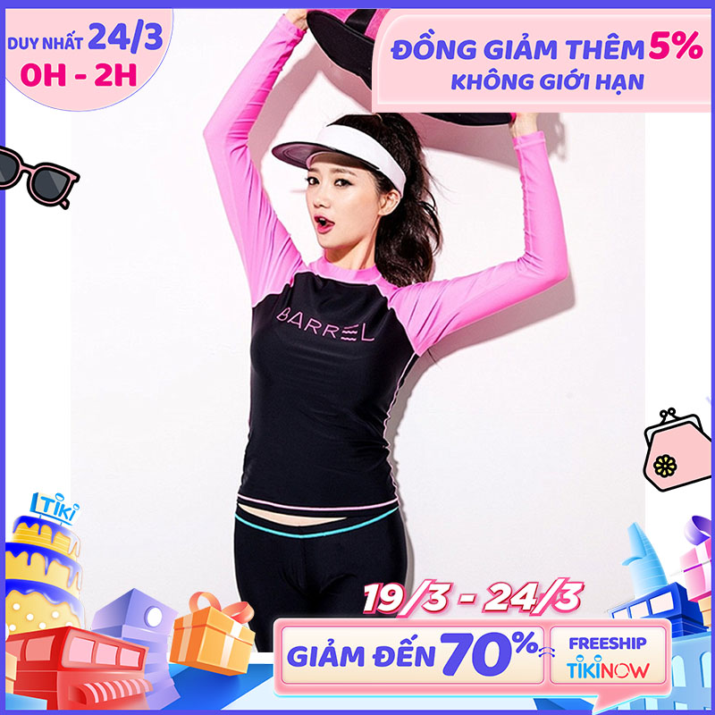 Set Đồ Bơi Ba Chi Tiết Đồ Bơi Nữ Tay Dài Quần Dài Màu Hồng Đen Chủ Đạo AT205 MayHomes Black-Pink Colored Long Sleeves And Long Pants Women Swimwear Set, UPF 50 Sun Protection