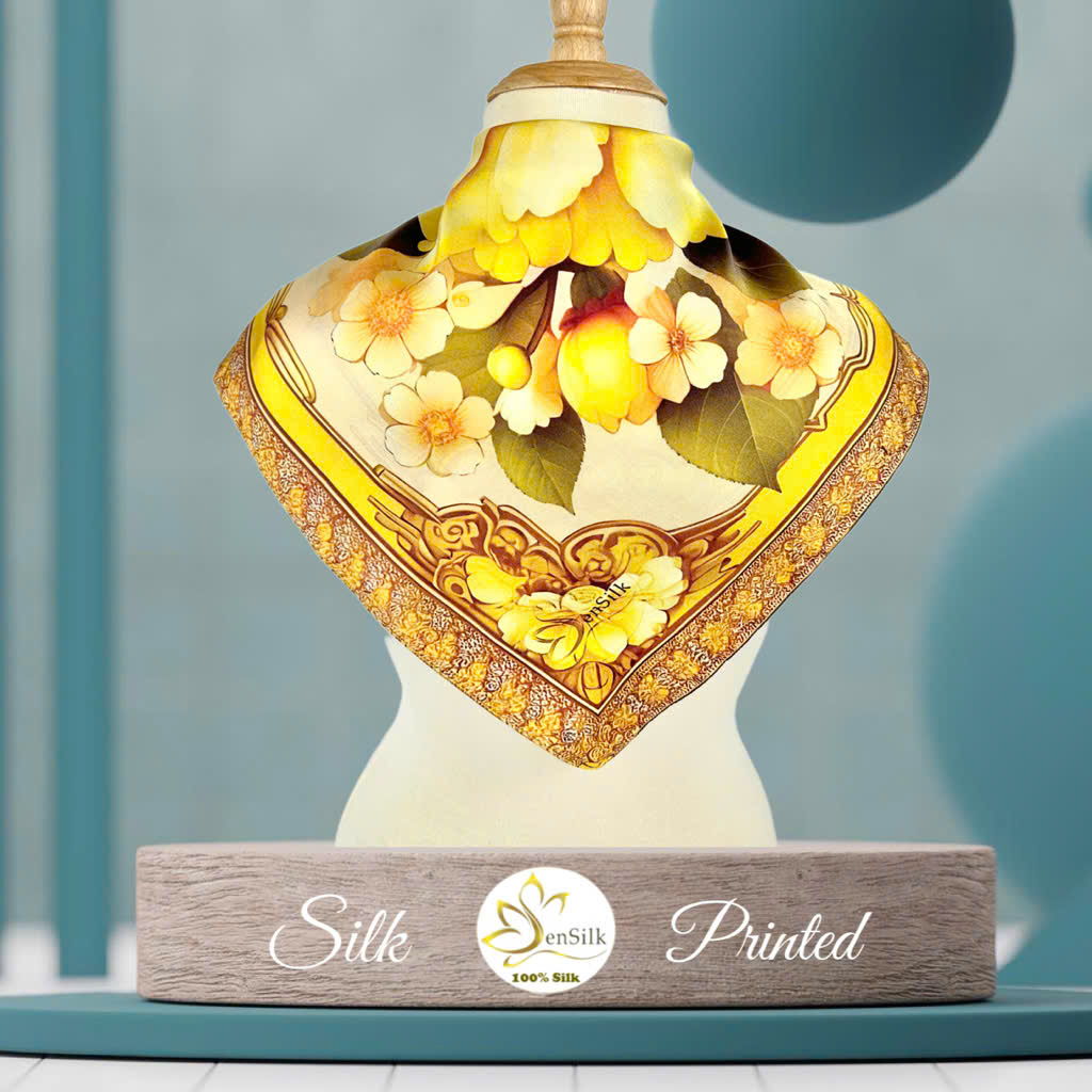 SenSilk Silk Printed Scarves - Luxurious Fashion Accessories for Her - Khăn Thời Trang Cao Cấp 65x65cm - Mai Vàng 3D Limited Design