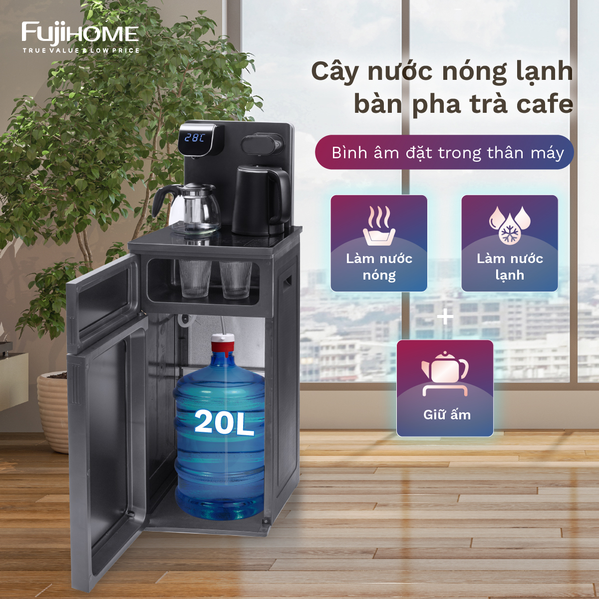 Cây nước nóng lạnh bàn trà Fujihome TB110E nhập khẩu, máy nước nóng lạnh bình âm điều khiển từ xa mini,điều chỉnh nhiệt độ nước - Hàng chính hãng