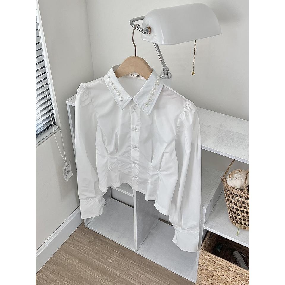 Áo sơ mi trắng phối cổ đính ngọc EMIX, croptop, dài tay. size dưới 48kg, chất thô boil