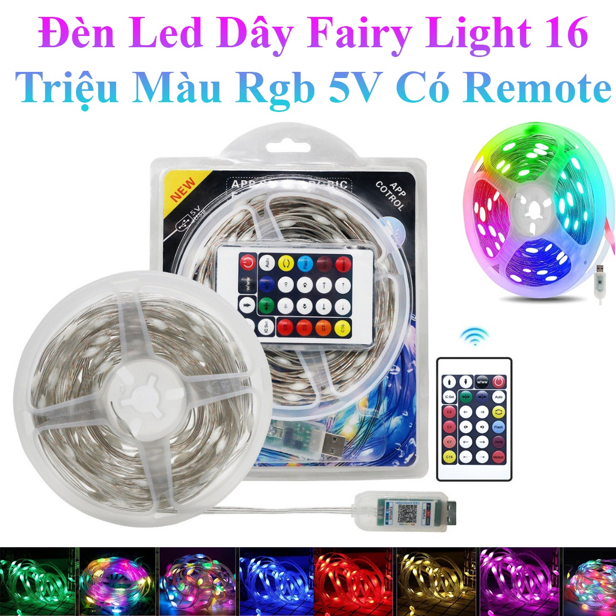 Đèn Led Dây Fairy Light 16 Triệu Màu Rgb 5V Dài 10M Nháy Theo Nhạc Chống Nước Điều Khiển Từ Xa, App Điện Thoại