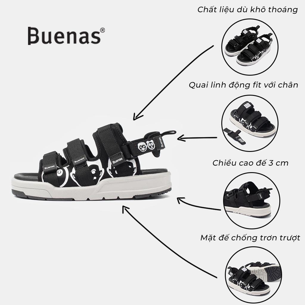 Giày sandal nam nữ unisex đi học quai ngang Buenas Sport SD6868 Đen đế cao 3 phân